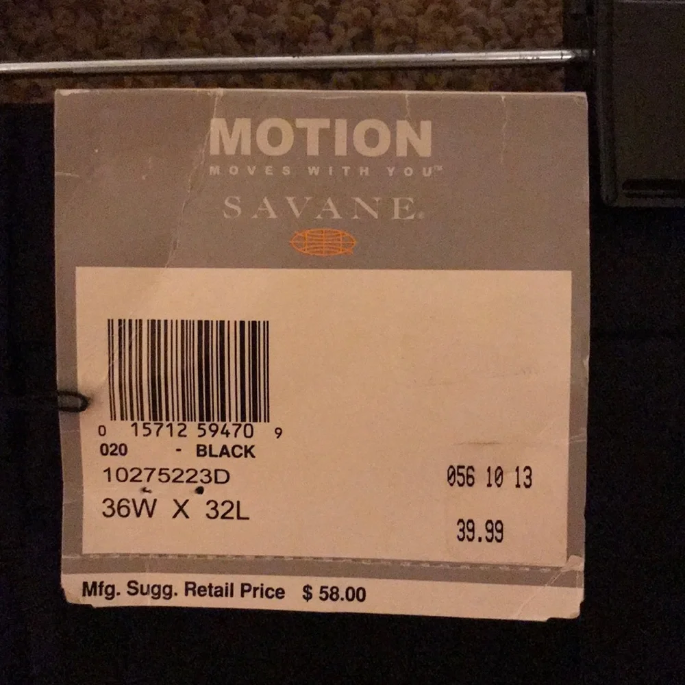 Savane MOTION TSI black cuffed cotton twill stretch chino pants 36 x 32 men